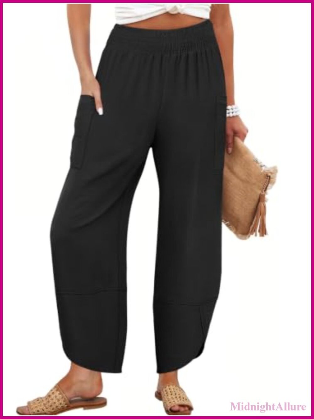 Wide Leg Palazzo Capri Pants High Rise Elastic Waist 100% Polyester